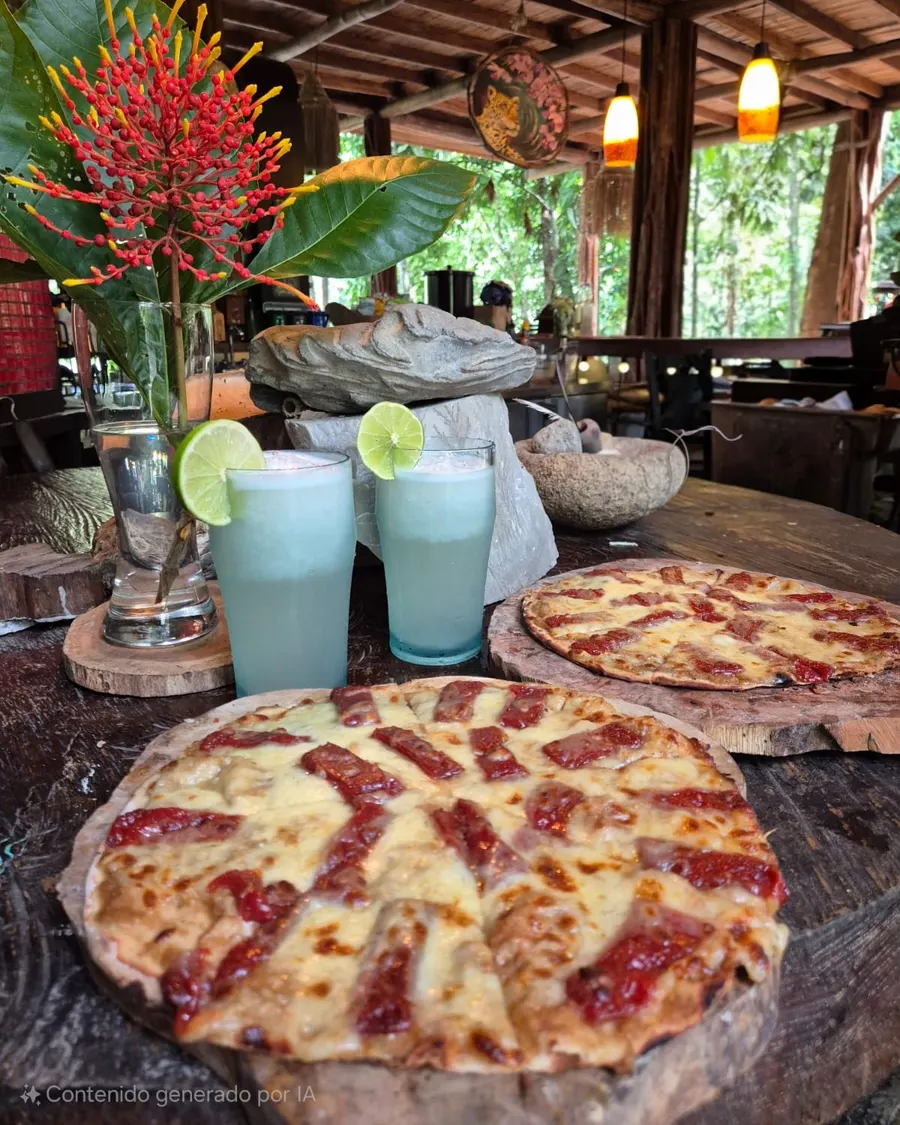 Pizzas del horno de leña y bebidas en el restaurante de EntreAguas
