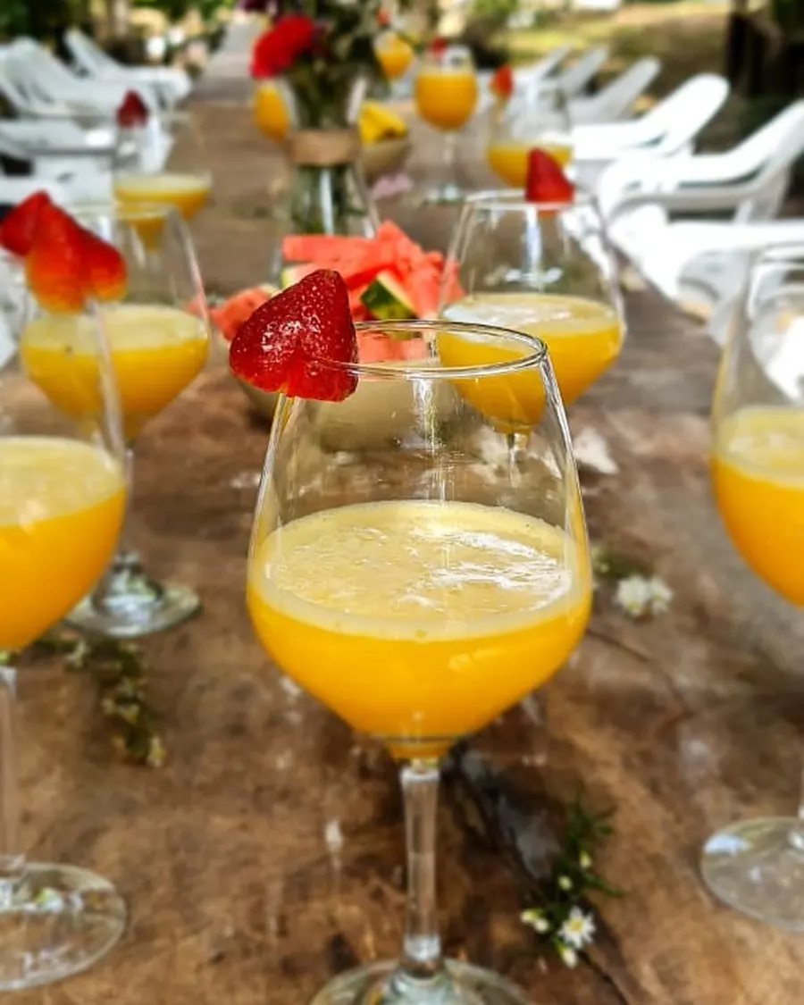 Mesa larga con jugos naturales para un grupo