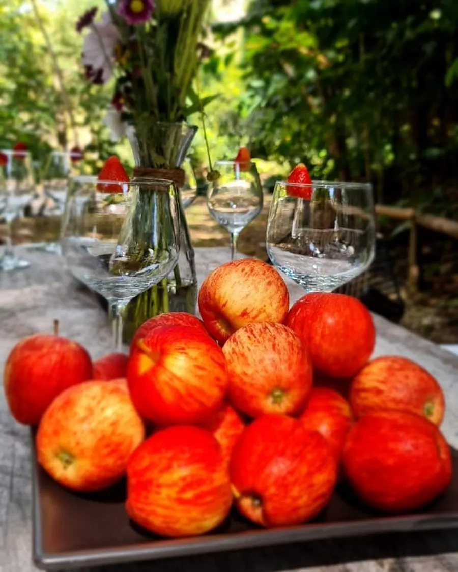 Frutas frescas y flores en la mesa